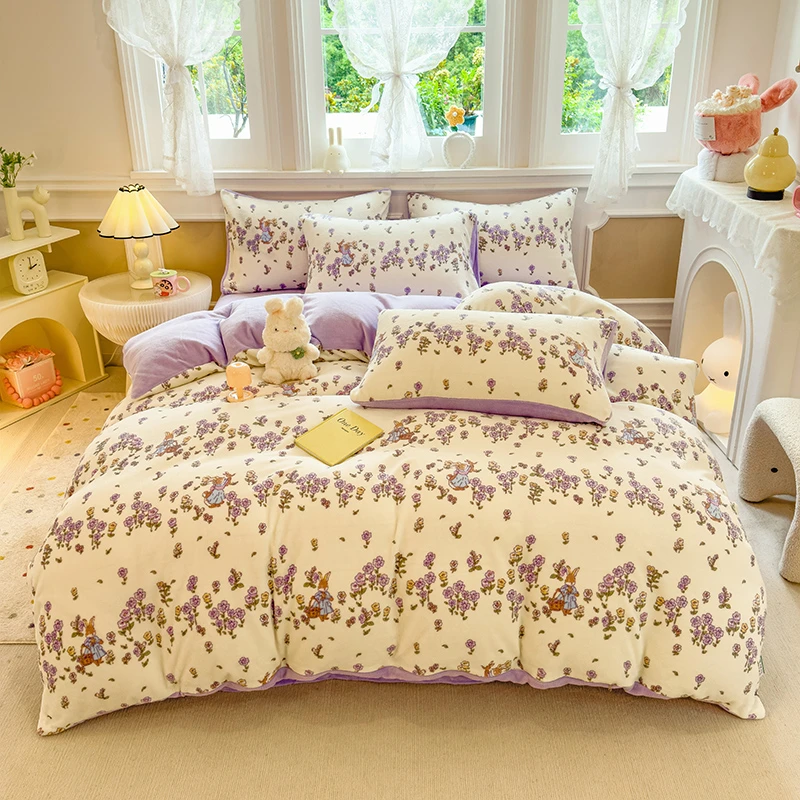 2024新款小清新牛奶绒印花四件套床单款床笠款套件单被套可爱双面