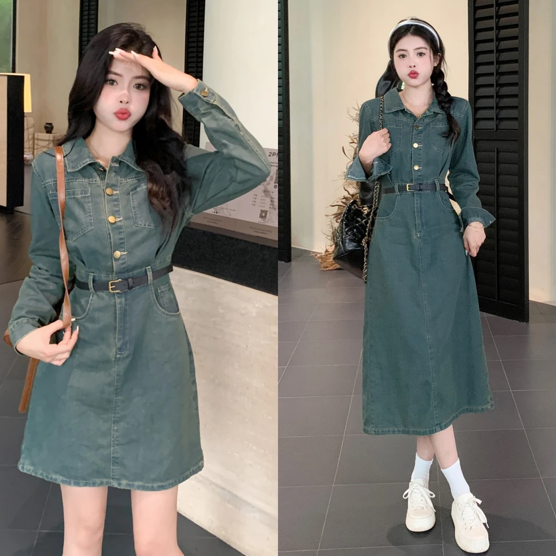 【小曹大码】大码女装胖MM长袖秋冬牛仔连衣裙6594