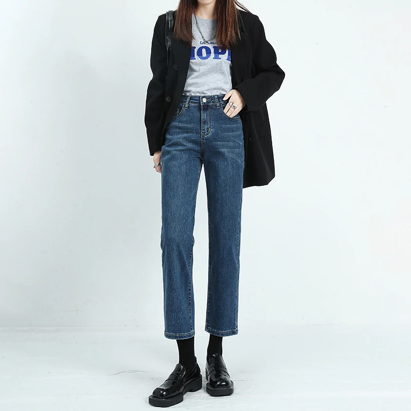 高腰直筒牛仔裤女2023春季新款时尚百搭宽松显瘦弹力九分烟管裤子