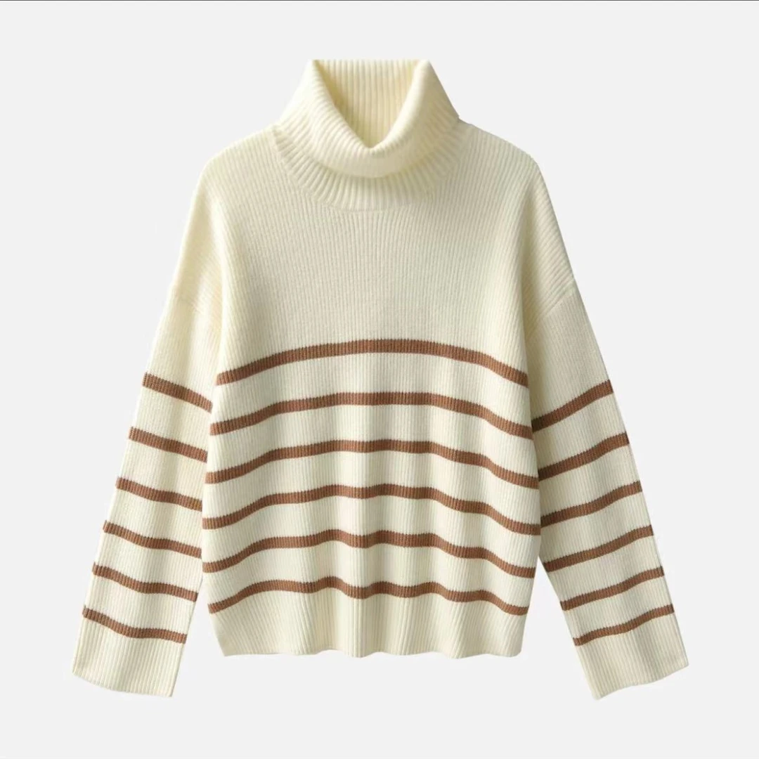 T232 甜美减龄慵懒宽松高领条纹针织毛衣 4MY1518