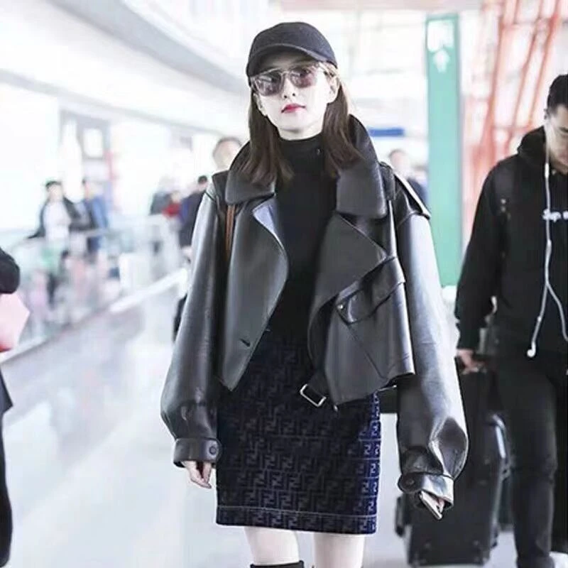 欧洲站春秋2023海宁女装时尚小皮衣女短款机车皮夹克外套网红洋气