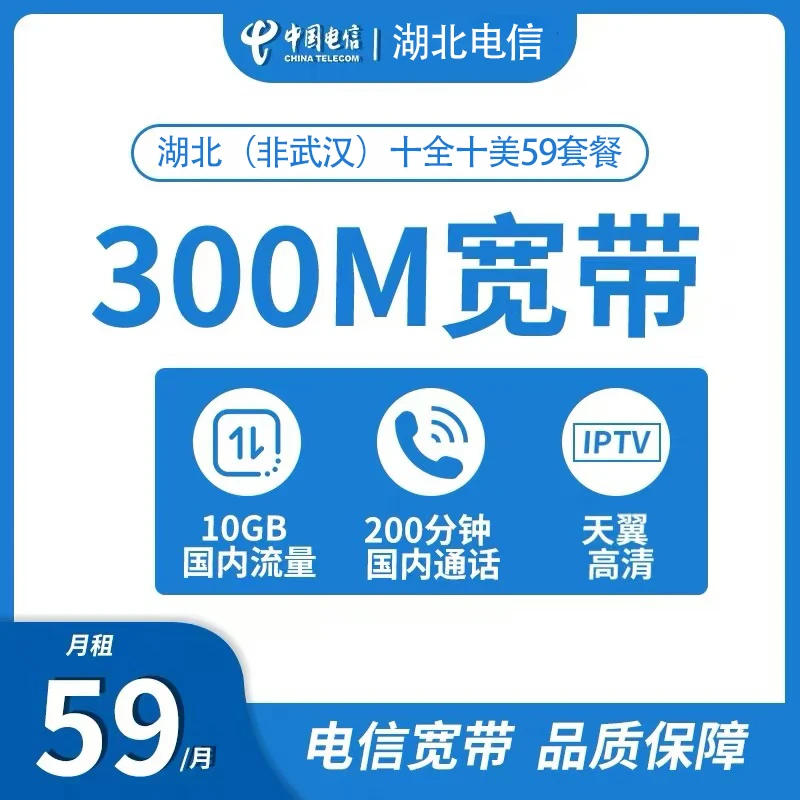 湖北（非武汉）电信宽带上门安装办理59套餐300兆光纤宽带有线网络