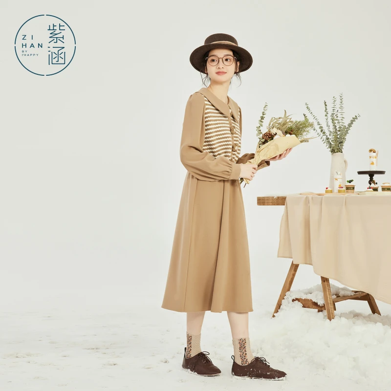 紫涵撞色条纹针织连衣裙女冬新款立体小花中长裙Z3Z11BS438