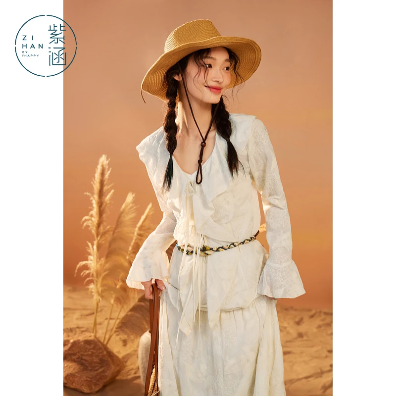 紫涵荷叶边长袖衬衫女刺绣V领喇叭袖衬衣Z4Z05BS538