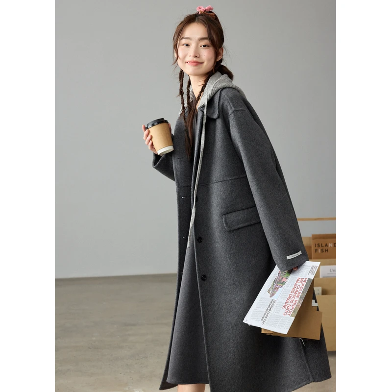 紫涵长款翻领针织帽双面呢大衣女冬新款气质外套Z4Z10AW565