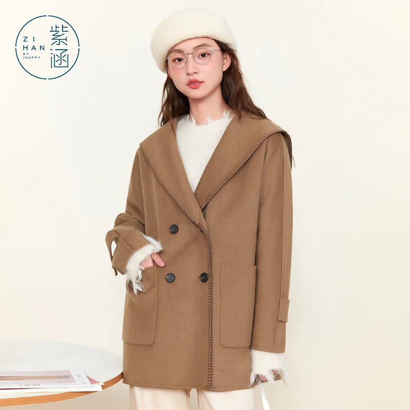 紫涵短款双排扣翻领绵羊毛大衣女冬季新款毛呢外套Z4Z10AN611