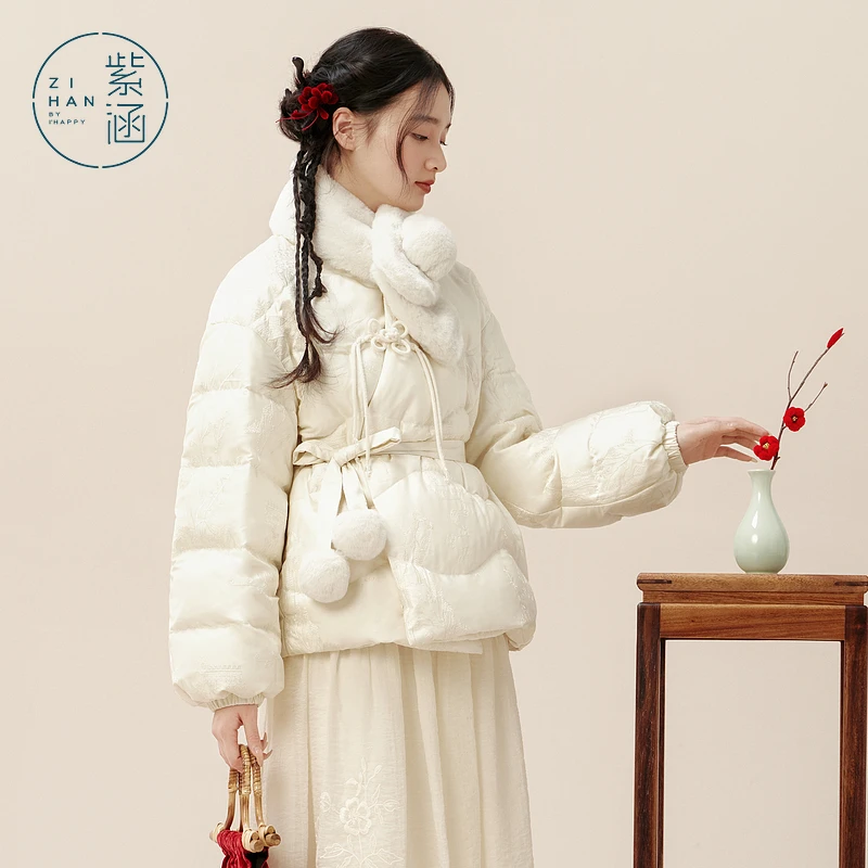 紫涵新中式斜襟盘扣羽绒服女冬季围脖收腰外套Z4Z12AS540