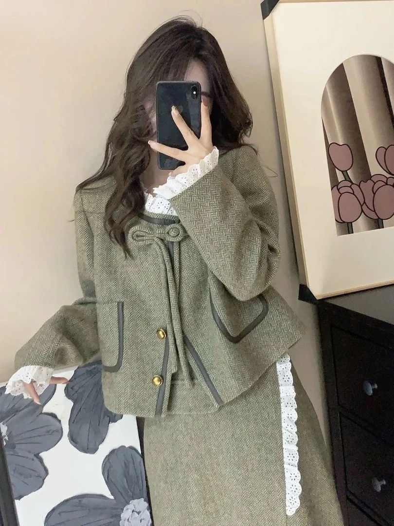 秋冬新款小香风套装女时尚气质墨绿色两件套装