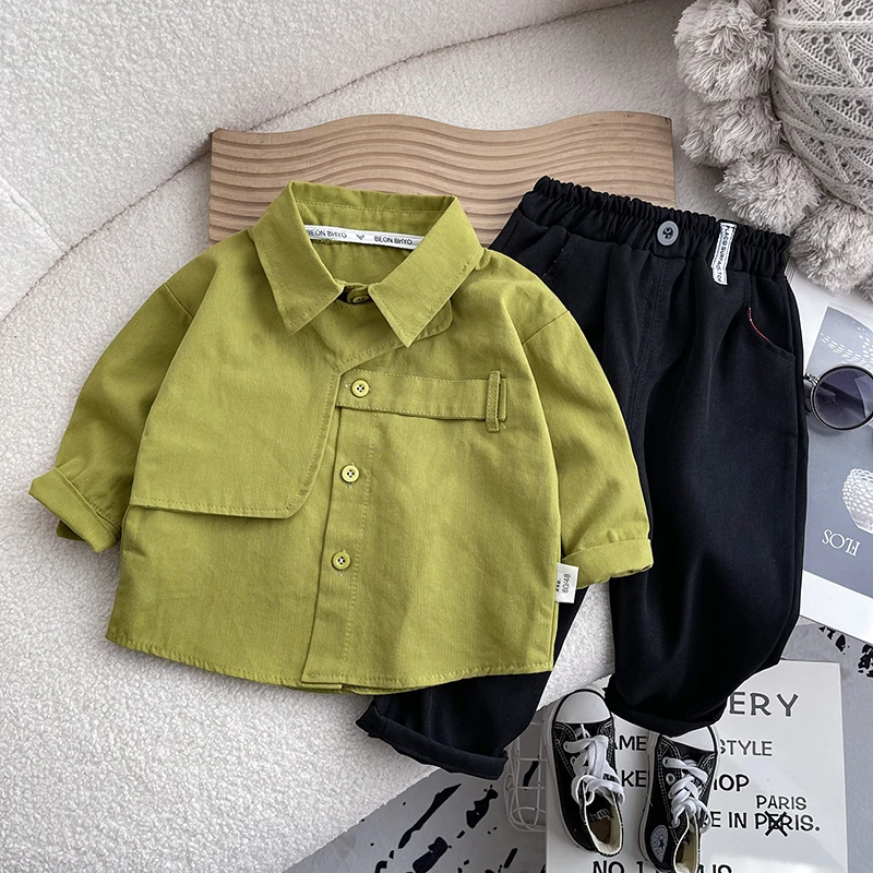 男童2025春秋季儿童工装风果绿衬衫+西裤洋气日常套装纯色上衣潮