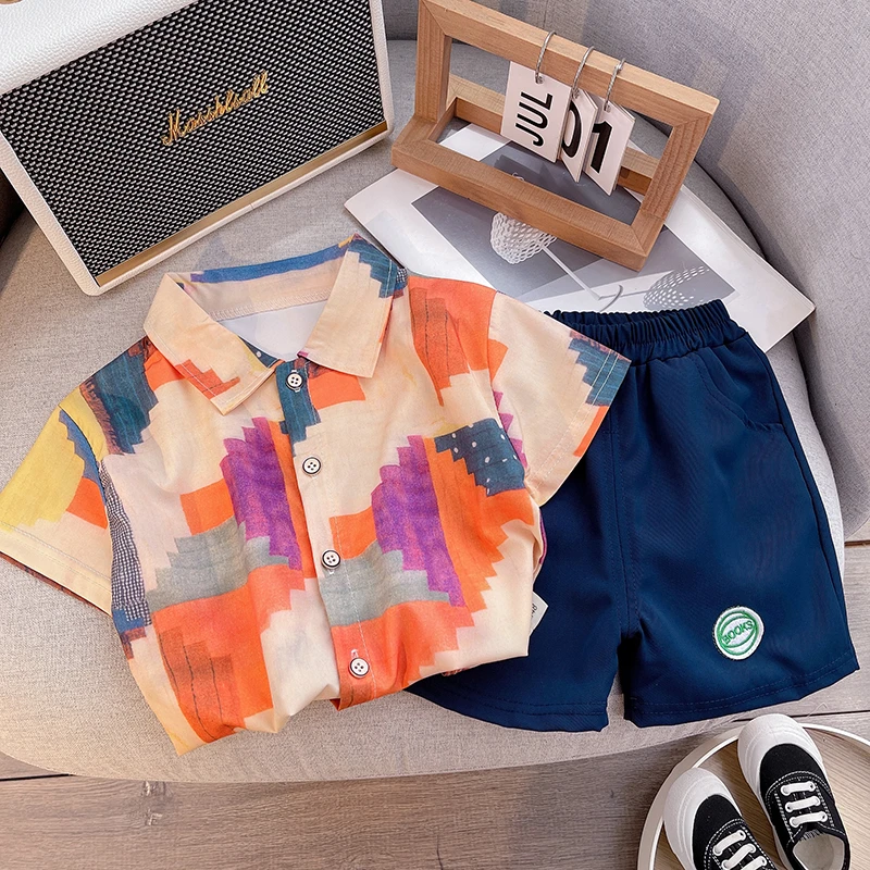 男童彩色几何格子短袖衬衫套装2024夏季新款女宝韩版翻领纯棉衬衣