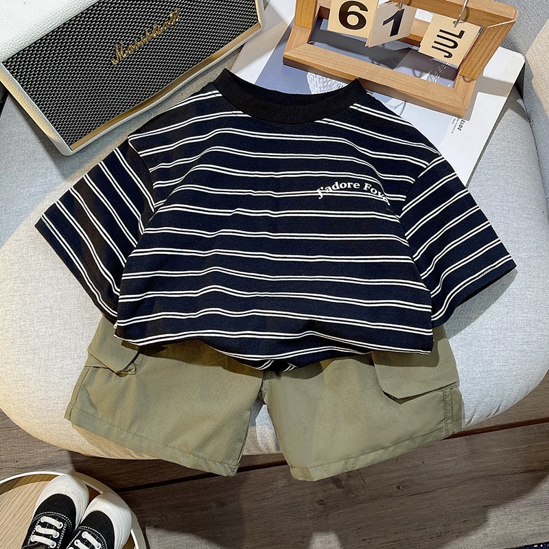 童装儿童夏装男童短袖T恤宝宝条纹套装2024新款男孩休闲洋气套装