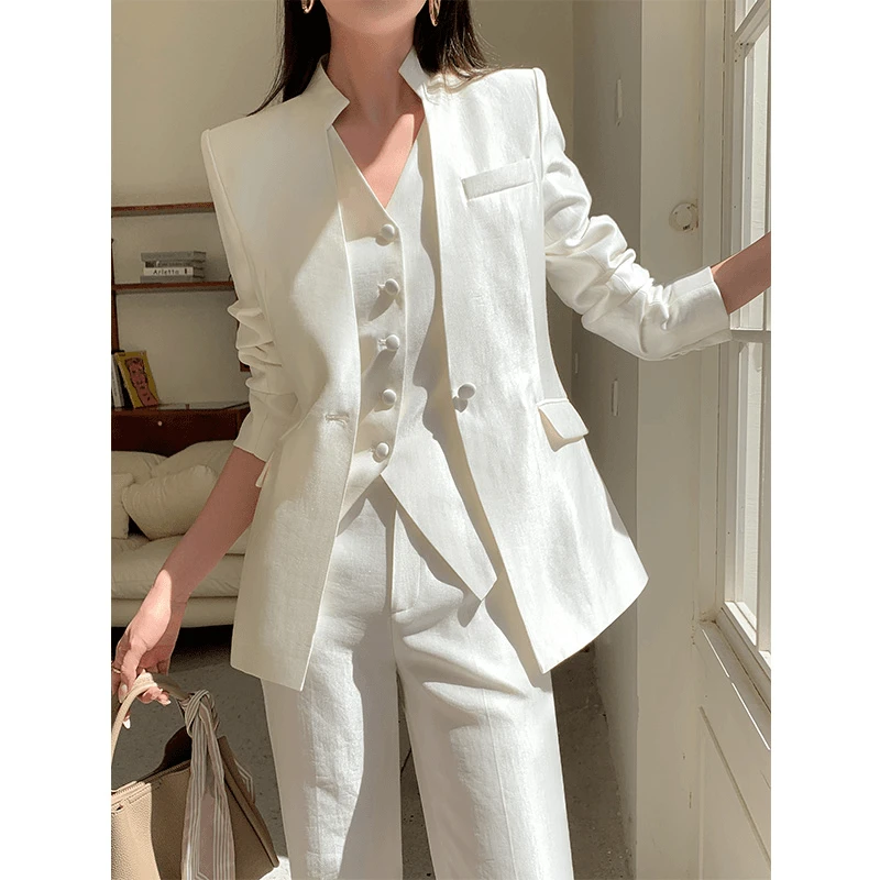 【时尚轻奢】白色垂感西装马甲女三件套2025新春秋正装管理层工作服