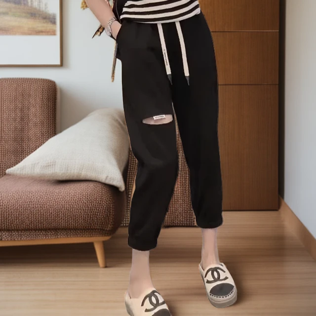 大码女装高腰显瘦梨形身材破洞抽绳哈伦裤修身八分裤休闲宽松卫裤