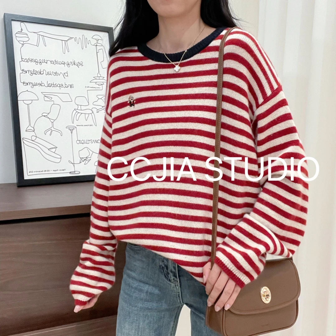 【红条纹】圆领休闲宽松百搭慵懒风秋冬外穿网红针织衫