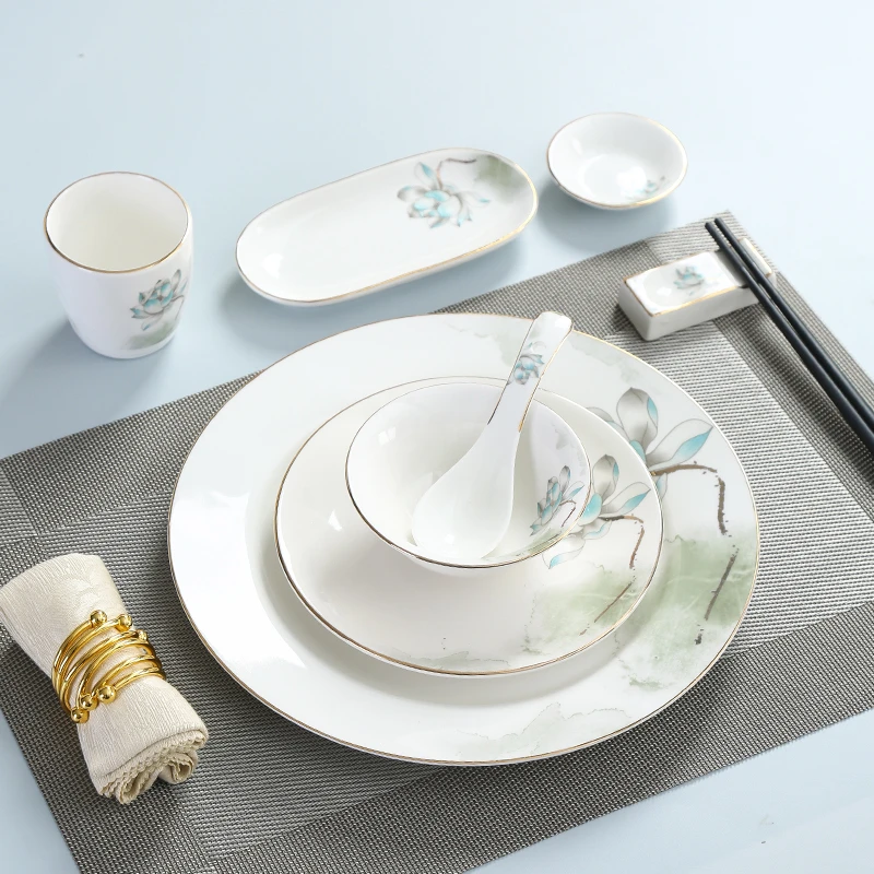酒店会所摆台餐具套装陶瓷中式金边碗碟盘勺套装定制盘子