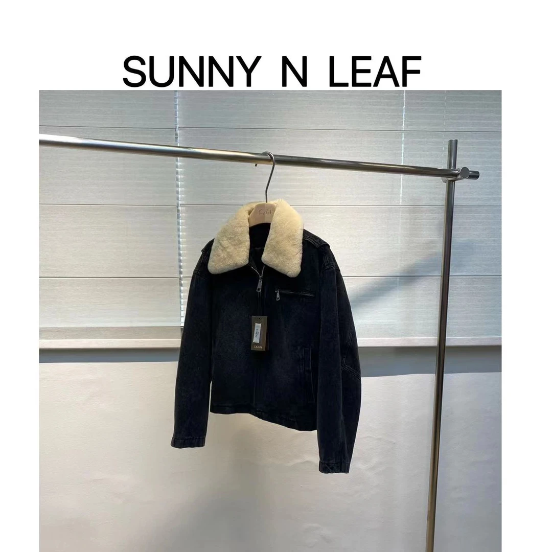 SUNNY N LEAF 复古翻领毛领牛仔短外套  YCXQC40988