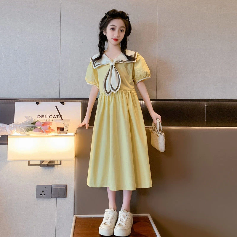 女童连衣裙2023新款中大童儿童棉布裙夏天娃娃领海军领公主长裙子