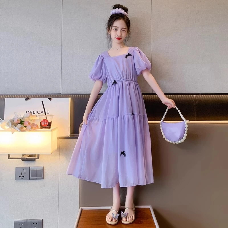中大女童雪纺连衣裙2025新款时髦泡泡袖公主长裙子显瘦气质夏季