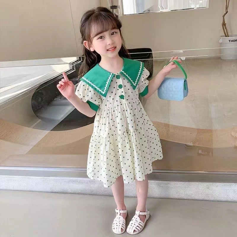 新款女童连衣裙2023夏季娃娃领短袖洋气时尚波点裙女宝甜美公主裙