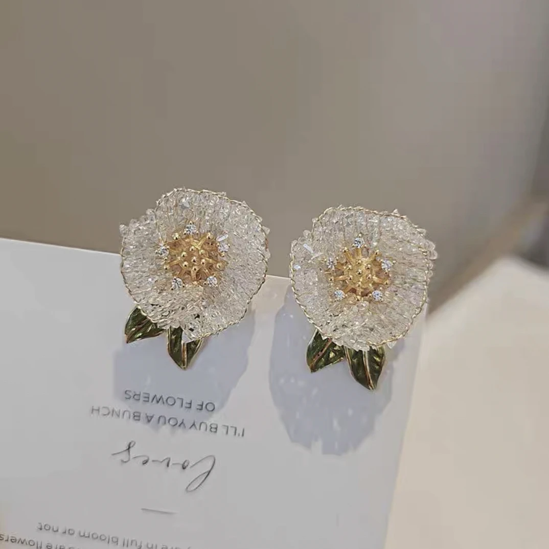 铜合金仿水晶耳饰 卡美一手工编织浪漫山茶花朵耳环925银耳钉