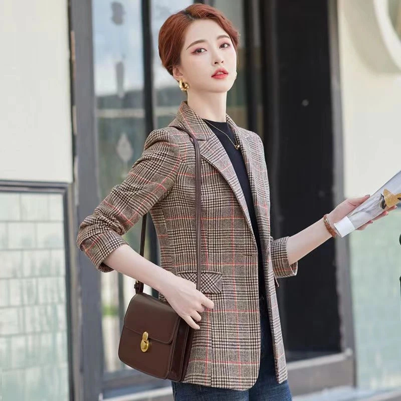 美娇蛾秋冬西装女春秋装新款修身职业复古韩版千鸟秋冬休闲外套女