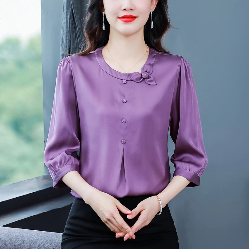 2024春装新款中年妈妈缎面七分袖衬衫女士贵夫人高级感红色上衣夏