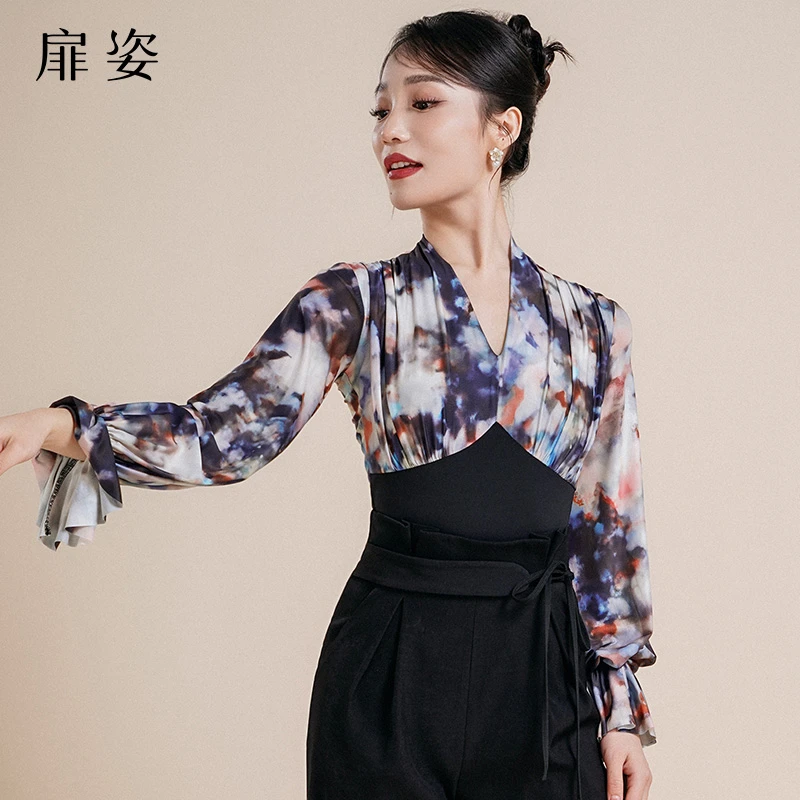 扉姿 摩登舞服女士交谊舞长袖连体舞衣吉特巴喇叭袖跳舞上衣F1112