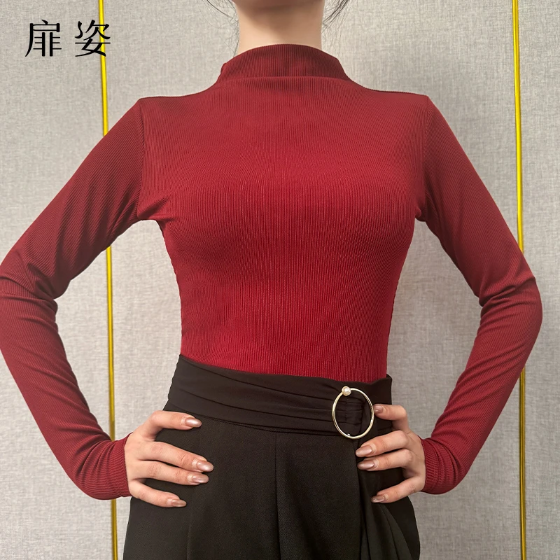 扉姿 摩登舞上衣女士长袖高领打底衫交谊舞吉特巴跳舞连体衣F1226