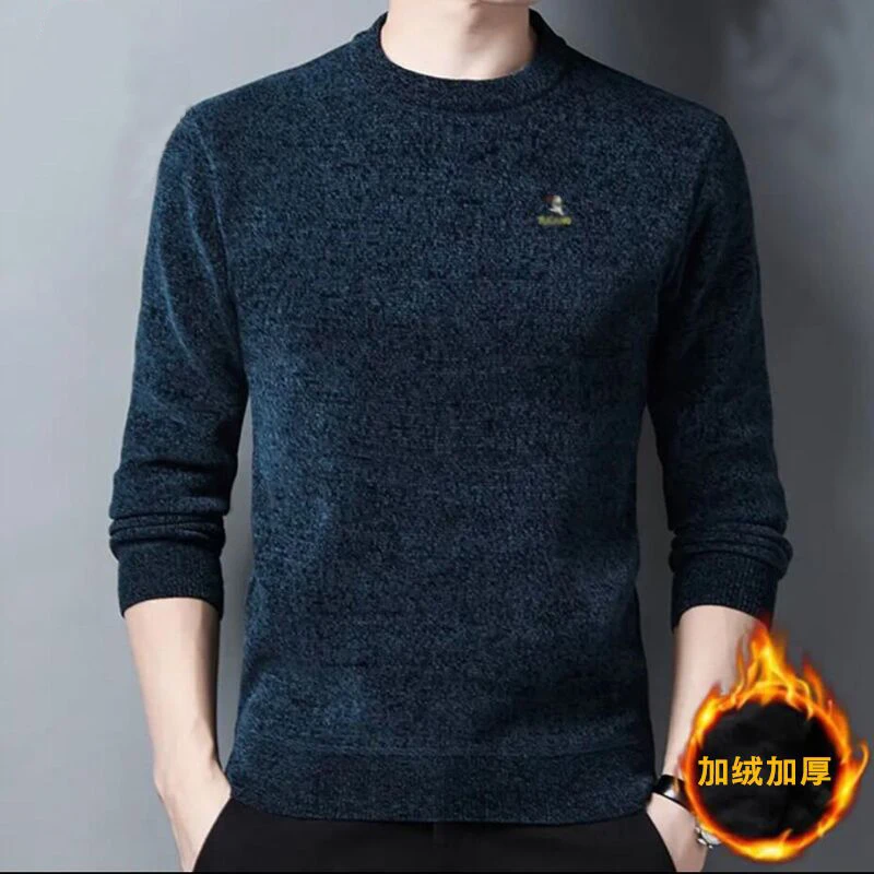 加绒加厚雪尼尔毛衣冬季新款宽松男士保暖圆领纯色打底衫中青年男