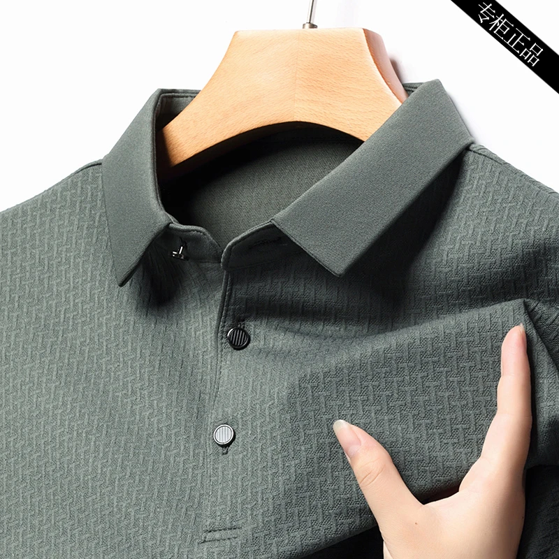 2025春季长袖T恤男骨头提花商务休闲翻领POLO衫宽松纯色中年男装
