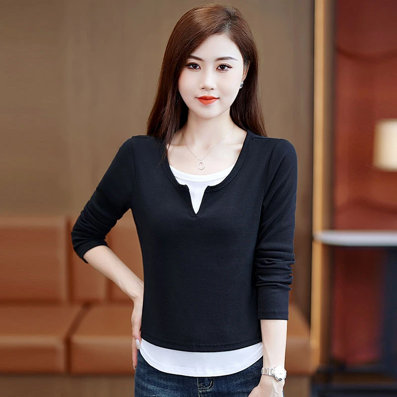 拼接撞色圆领打底衫女爆款2024春秋新款磨毛内搭长袖t恤修身上衣