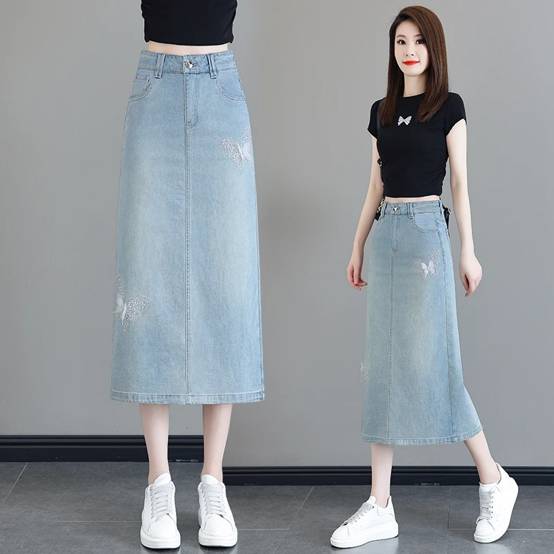薄款牛仔半身裙女2024夏季新款高腰显瘦刺绣后开叉中长一步包臀裙