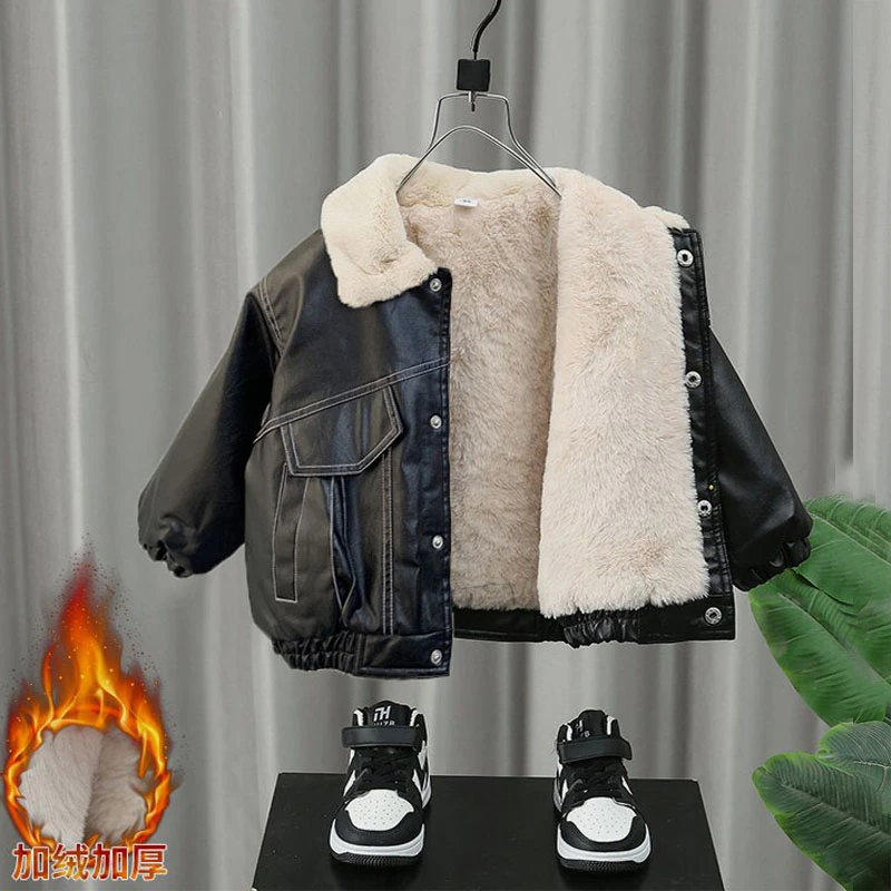 男童皮衣外套冬季上衣单排扣男童帅气普通外套加厚中小童加绒棉衣