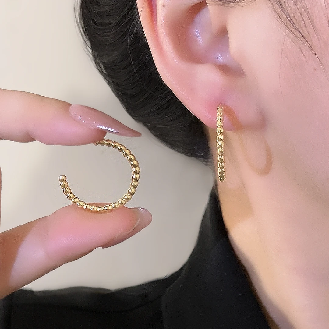 铜合金耳饰 时尚个性精致气质简约小圆珠半圈C型耳环1148