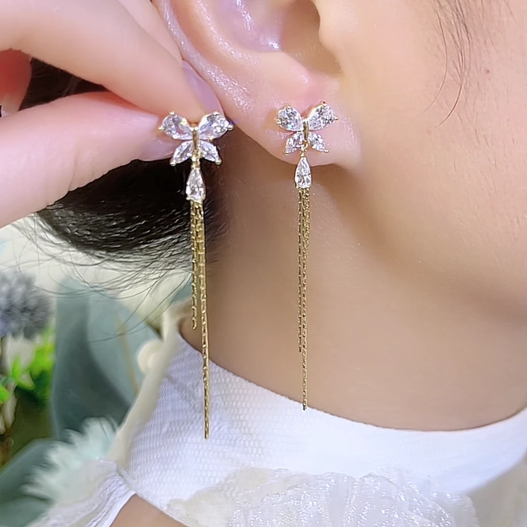 铜合金合成锆石耳饰 精致小巧锆石蝴蝶水滴直针长款流苏耳环831