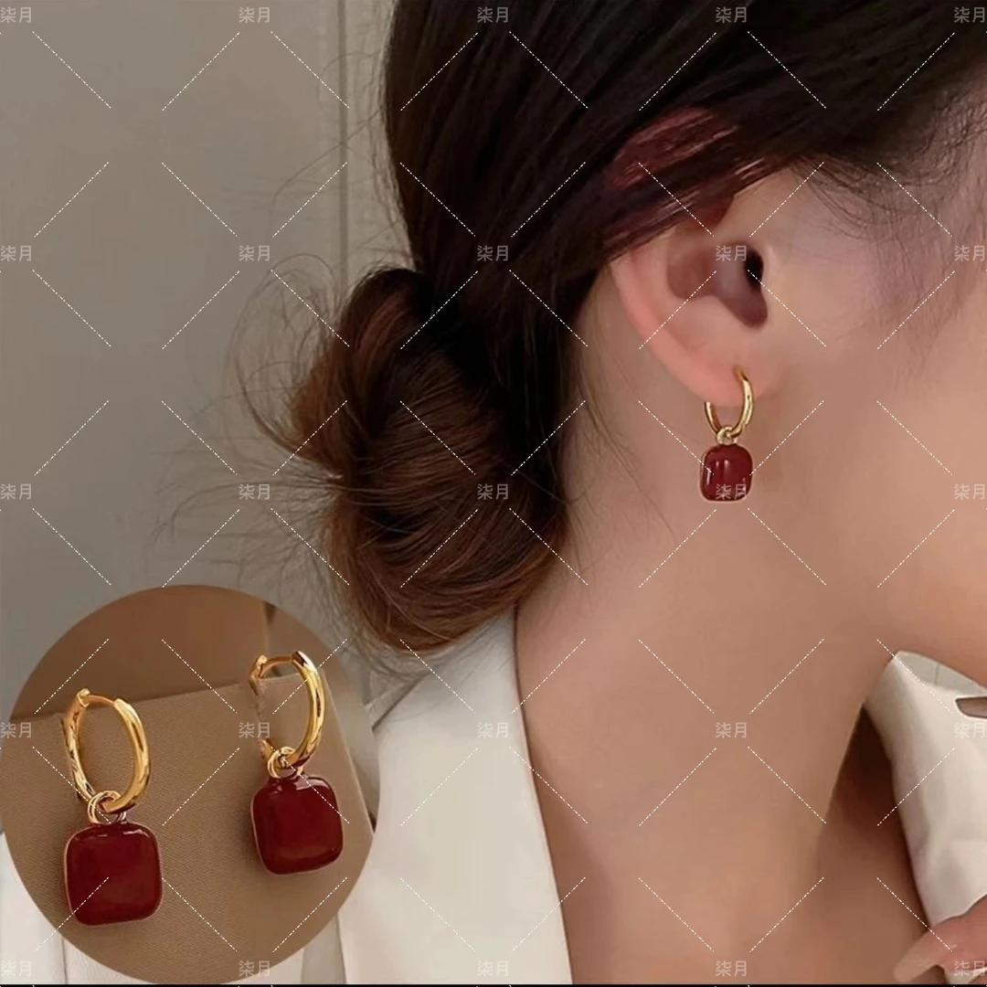 铜合金仿珍珠耳饰 红色方块方糖方包耳扣可拆卸一款两戴绿耳环466