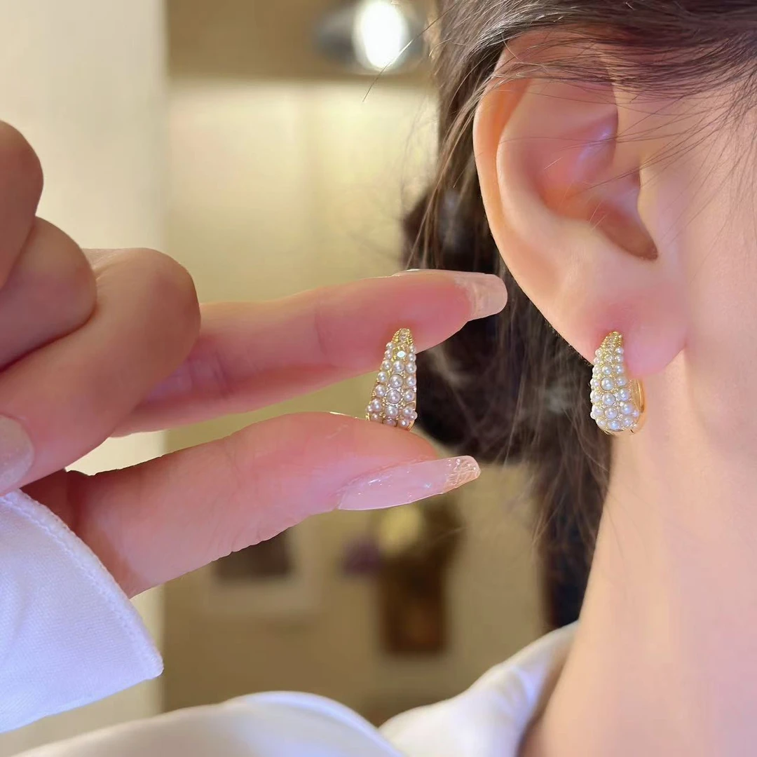 铜合金仿珍珠耳饰 小众设计感精致小巧微镶亮锆珠珠水滴耳扣1102