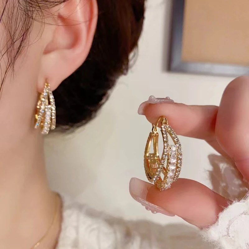 铜合金合成锆石耳饰 时尚气质三层微镶满锆菱形方形耳扣072