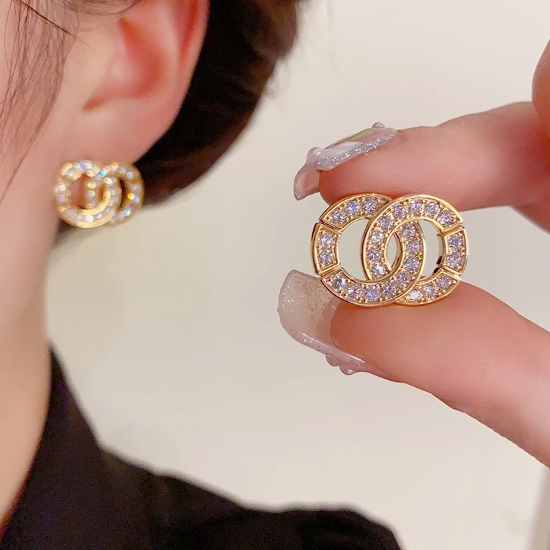 铜合金合成锆石耳饰 韩系精致锆石小香风气质圆形相扣百搭耳钉188