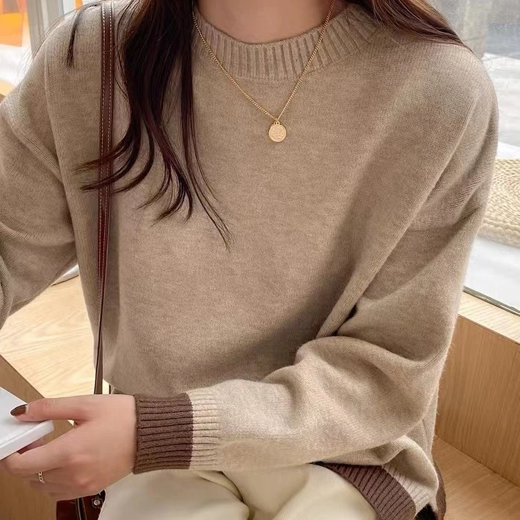 【阿蜜莉雅】2022秋冬季新款长袖宽松圆领拼色针织毛衣女套头919