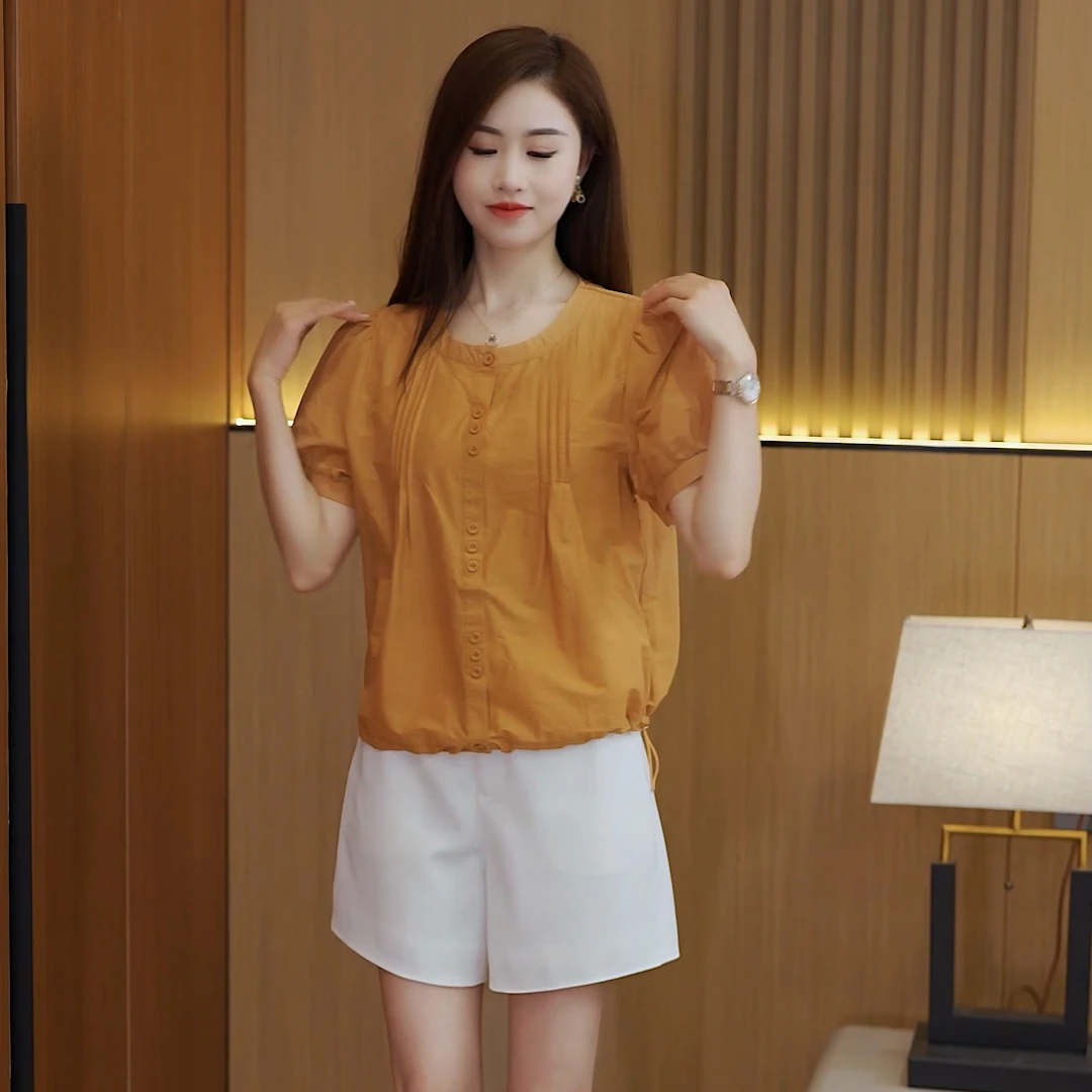 2024夏季新款上衣女短袖夏装女生夏季衬衫衬衣宽松短款圆领小衫