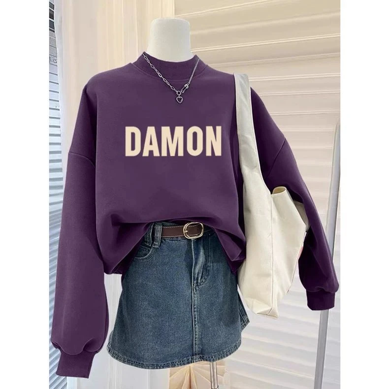 半高领套头印花打底衫加绒加厚卫衣女2025秋冬季新款宽松韩版外套