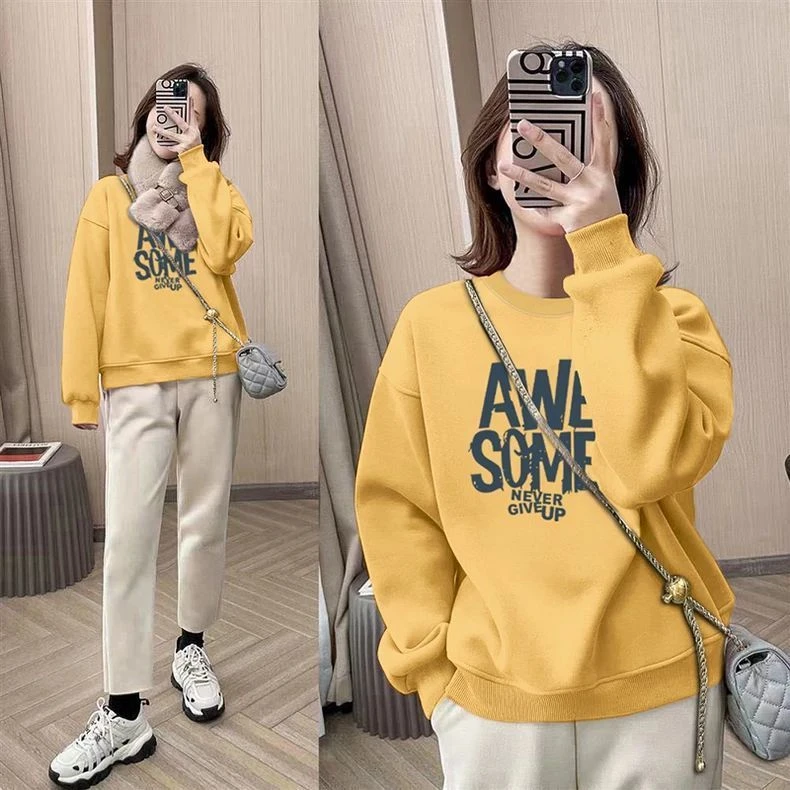 圆领套头印花打底衫加绒加厚卫衣女春秋季黄色上衣宽松韩版潮外套
