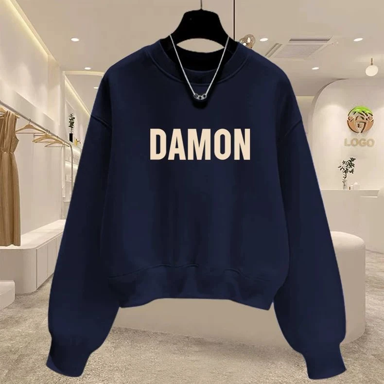 圆领套头短款卫衣女加绒加厚秋冬长袖上衣高腰显瘦小个子春秋薄款