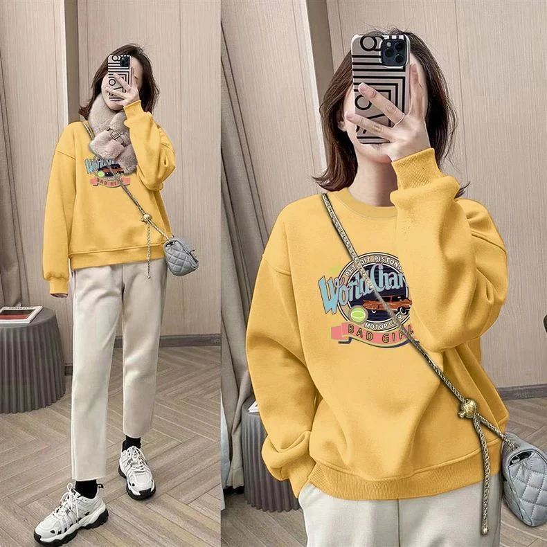 圆领套头打底衫加绒加厚卫衣女2024秋冬季新款宽松韩版潮情侣外套