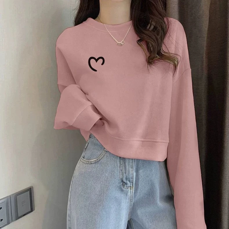 圆领套头短款卫衣女加绒加厚秋冬长袖上衣高腰显瘦小个子春秋薄款