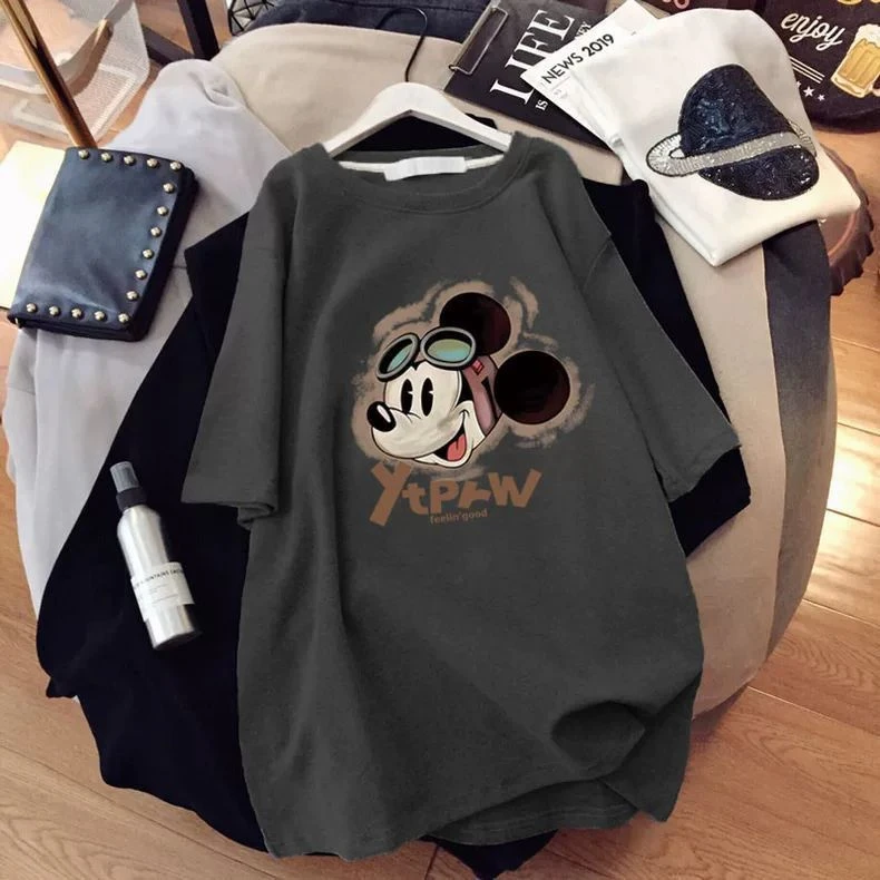 磨毛纯棉圆领短袖t恤女中长款搭配鲨鱼裤上衣加厚款打底衫夏秋季