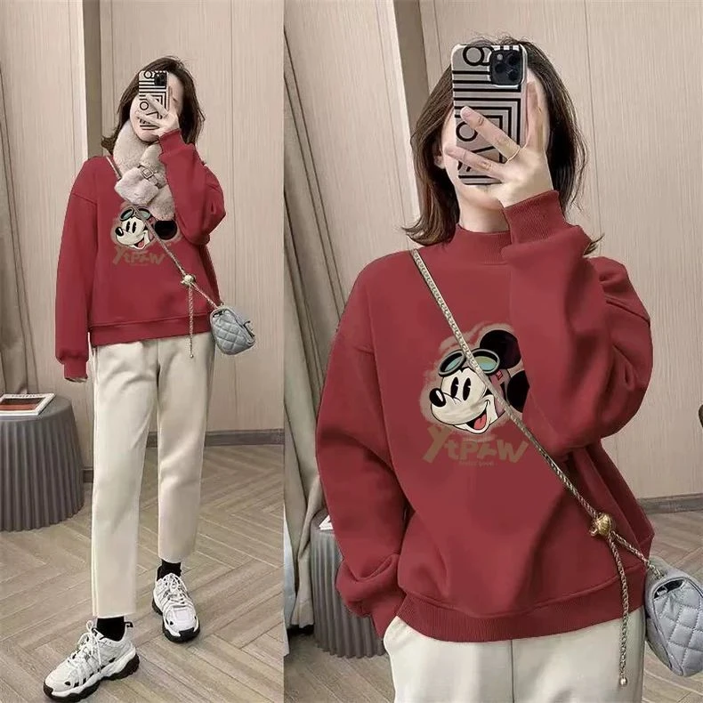 安哥拉红色秋冬新款半高领套头卫衣女宽松打底衫加绒加厚上衣外套