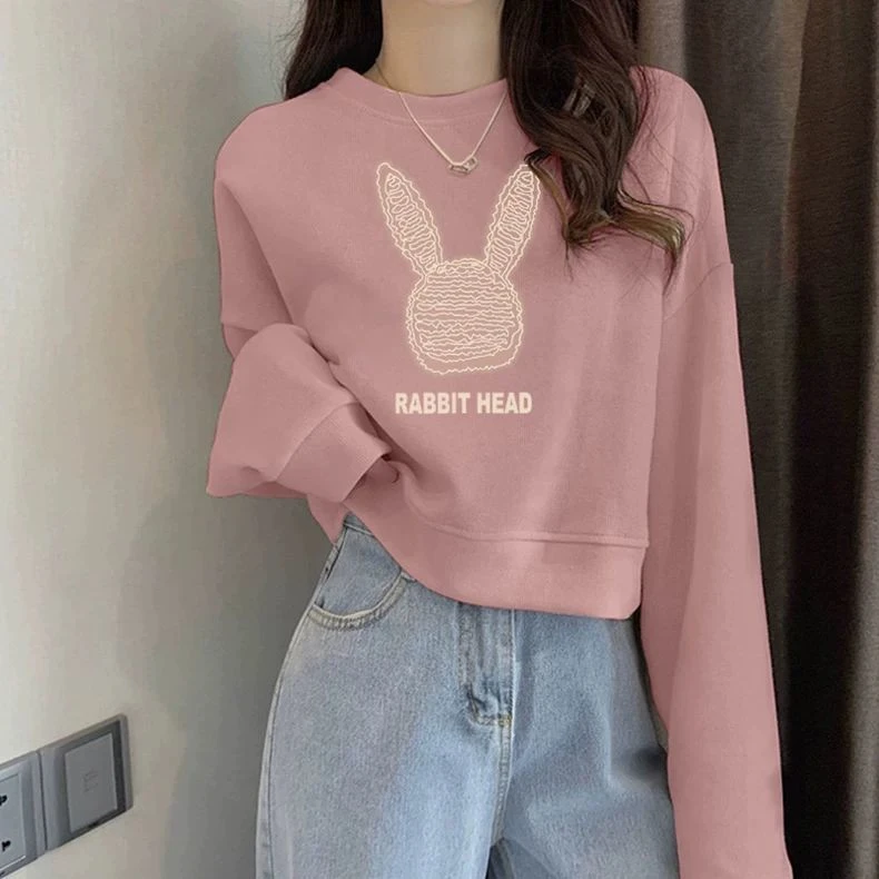 圆领套头短款卫衣女加绒加厚秋冬长袖上衣高腰显瘦小个子春秋薄款