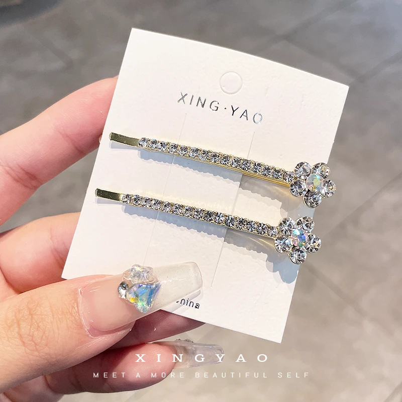 XYAO F348 2024新款花朵一字夹碎钻气质简约百搭满钻刘海侧边夹